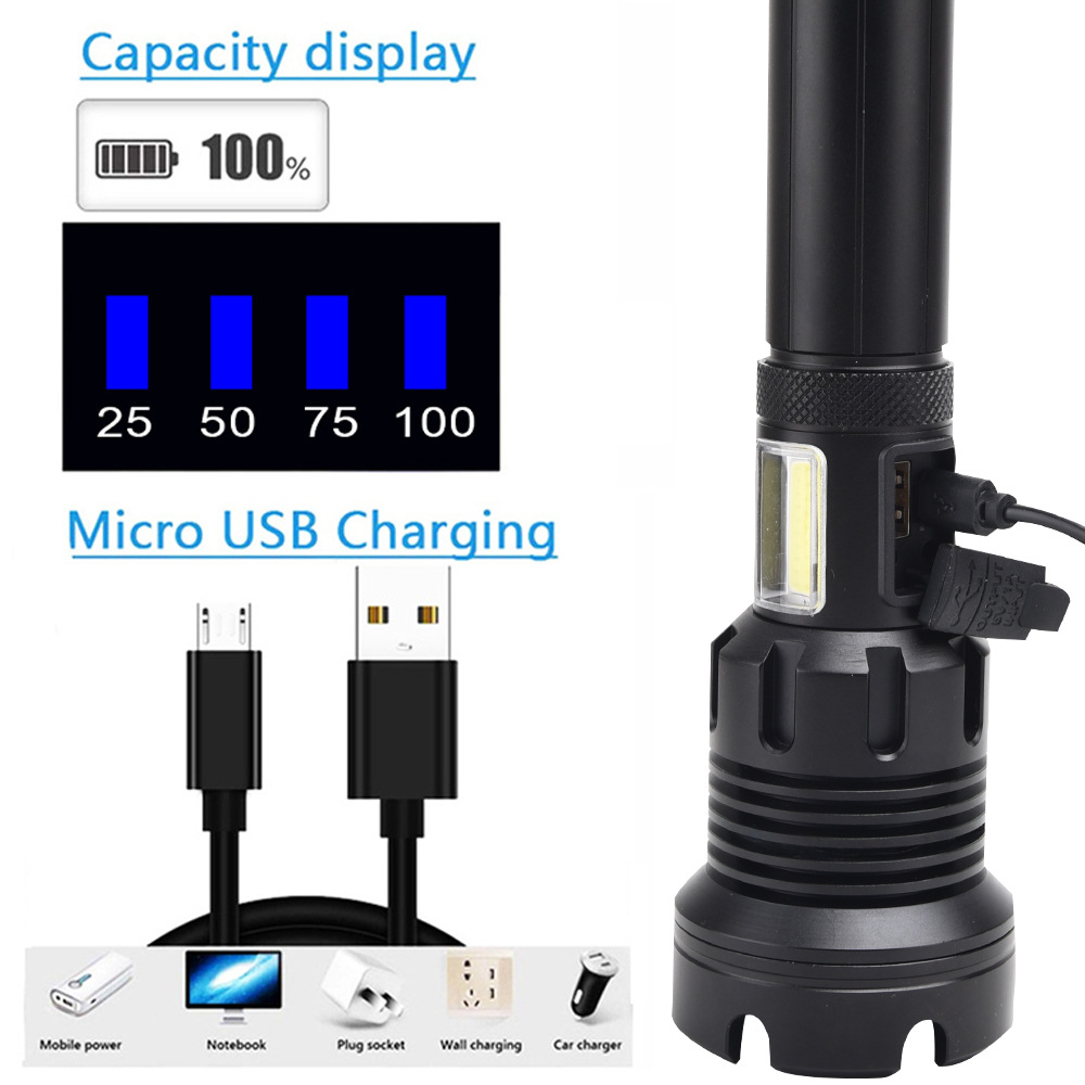 The new cross-border xhp90+cob red and white light high-intensity flashlight with telescopic focusing and usb charging Specification image