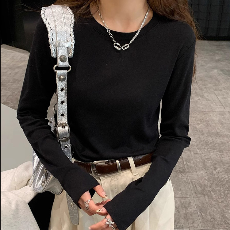 300g圆领白色内搭长袖打底衫t恤女春秋宽松纯棉百搭体恤上衣产品图