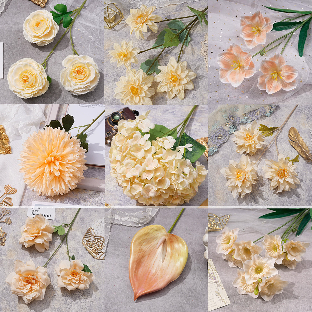 婚庆香槟色系仿真假花束花材酒店装饰婚礼布置路引背景插花批发