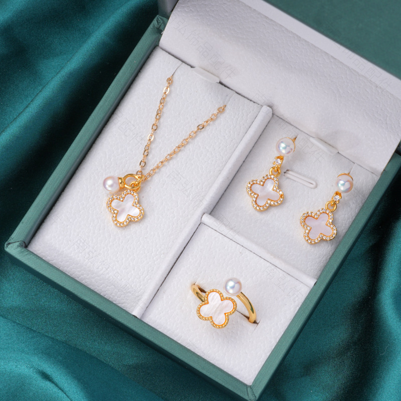 Pearl ring, earneedle pendant, micro-set, three-piece set, empty setting, four-petal flower oil drip, crushed shell, retro DIY jewelry earrings details Picture