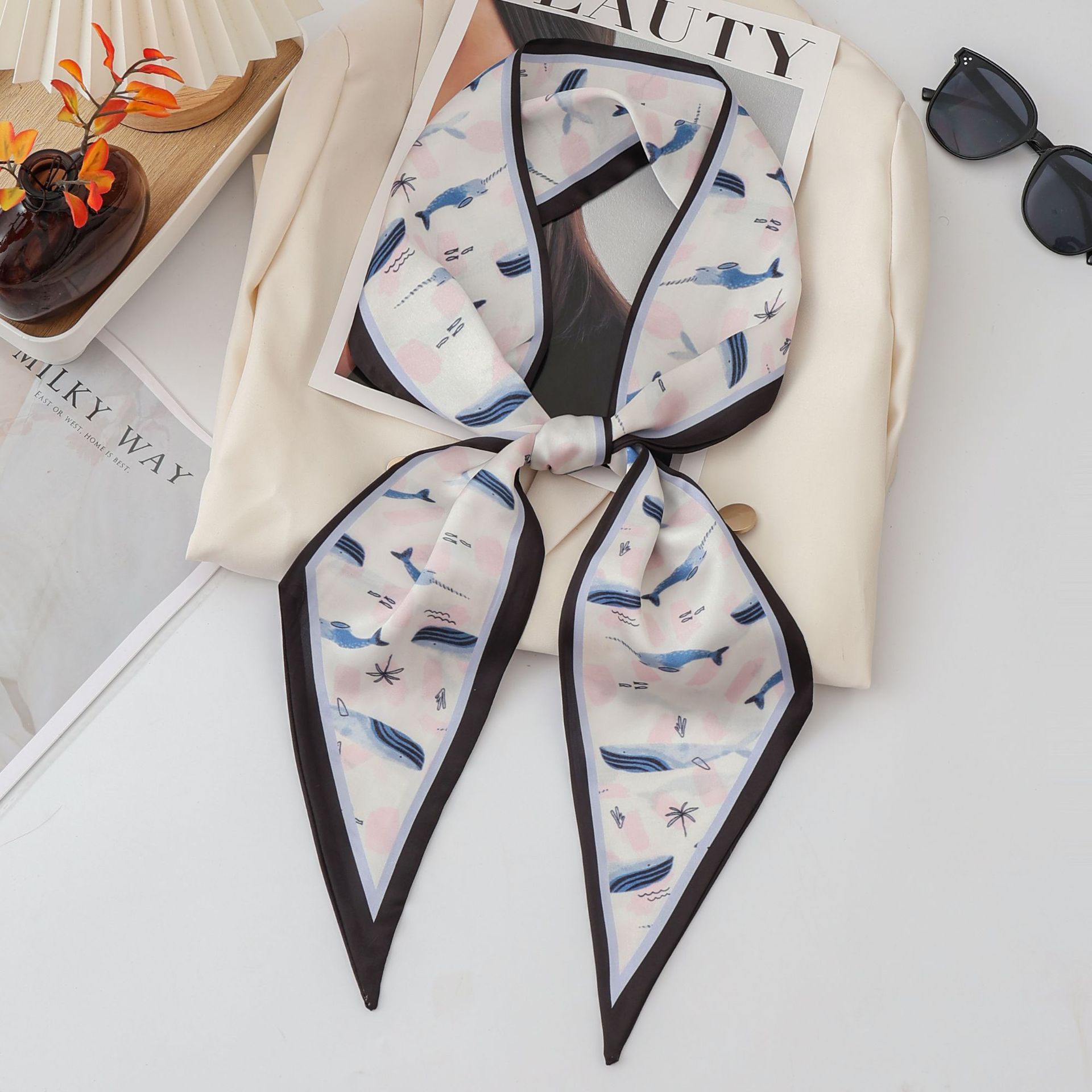 高级感仿真丝斜角领巾长条绑发丝巾百搭斜纹印花领巾飘带双面