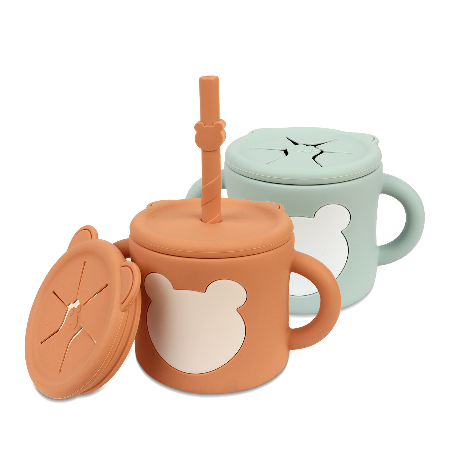Children's silicone straw cups, baby snack cups, learning drinking water cups, complementary food bottles wholesale, children's cat paw waterproof cups full figure