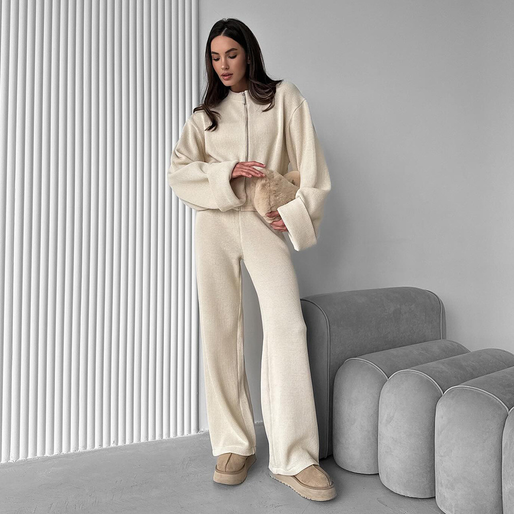 Cross-border knitted long-sleeved wide-leg long pants set, European and American 2025 autumn/Winter new zipper coat long pants casual set details Picture