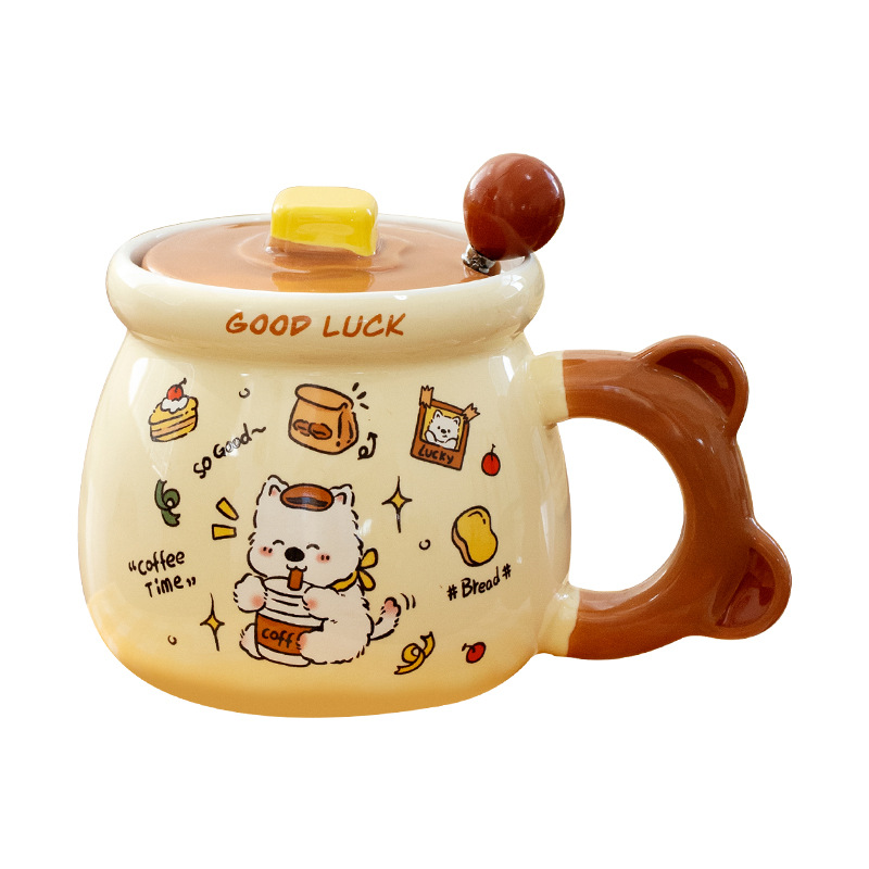 Xigaodi Puppy Ceramic Cup with Lid Spoon, high appearance level for girls, home and office mug, Birthday gift, Souvenir Item Picture