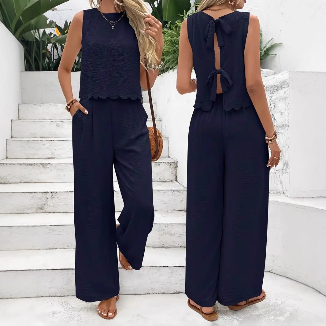2026 European and American cross-border Spring/Summer New solid-color T-shirt and wide-leg pants two-piece French fashion and elegant women's clothing set Item Picture