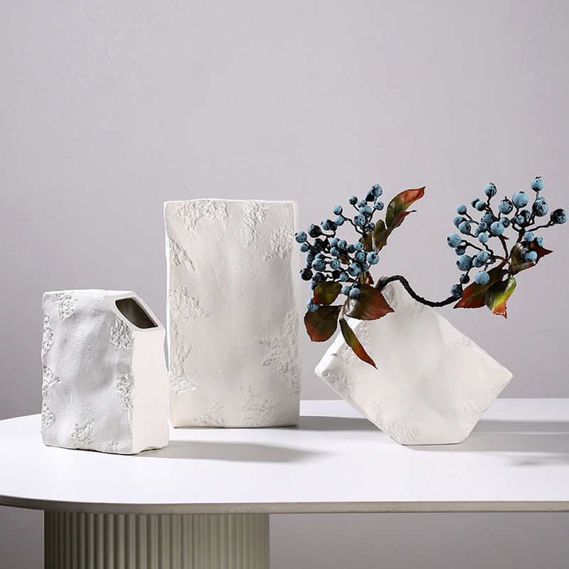 2025 High-end black and white texture square stone vase combination display, living room wine cabinet, dried flower arrangement, soft decoration handicraft details Picture