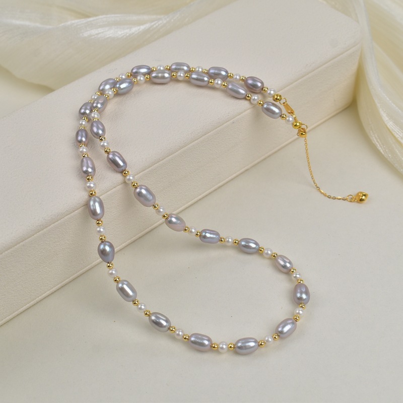 45cm natural freshwater pearl grey rice bead necklace for women, light luxury, simple and versatile collarbone chain S925 silver neck chain