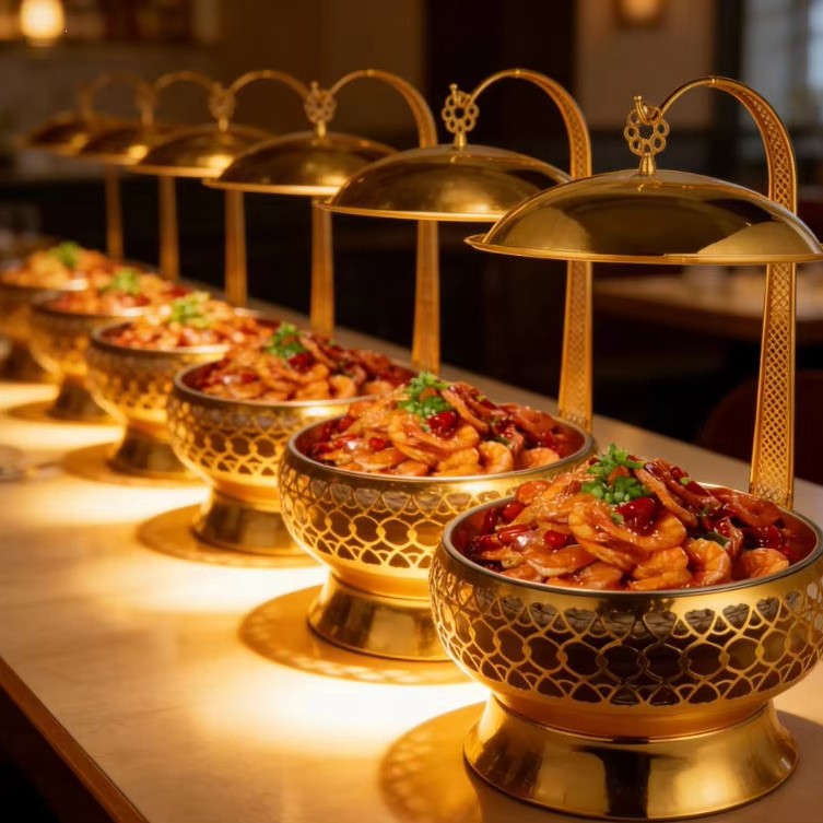 Hotel wedding banquet stainless steel insulated pot, golden buffet, alcohol heating food insulated with hanging lid Application Scenario