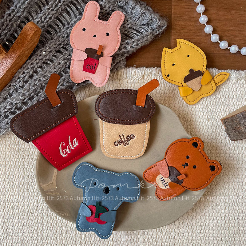 新款韩版卡通秋季皮质发夹儿童创意侧边碎发刘海夹复古掰掰夹发饰皮质萌趣小动物发夹 可乐咖啡装饰 少女可爱日常个性头饰