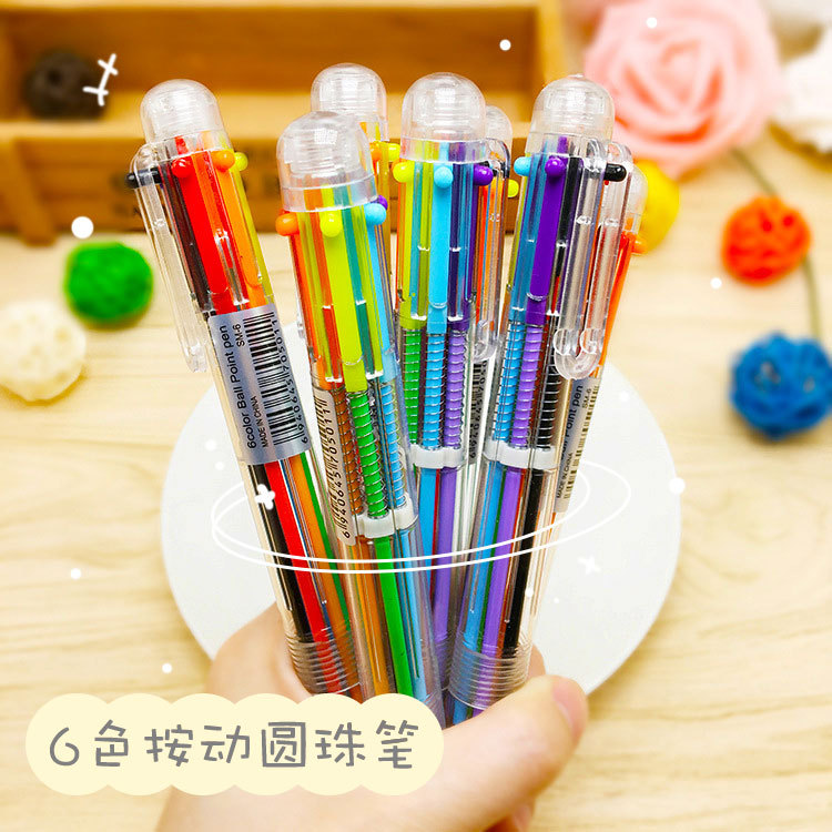 Wholesale of colorful and cute plastic creative transparent six-color ballpoint pens, multi-color pens, all-in-one gel pens full figure