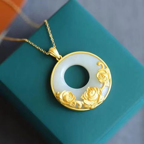 Natural Hetian white jade lotus peace pendant for women, S925 sterling silver, a trendy and simple silver jewelry necklace