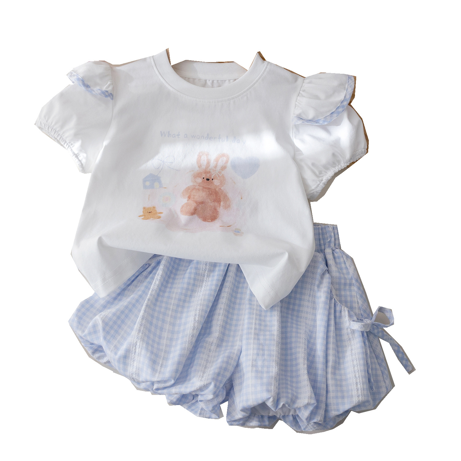 The summer new cartoon print T-shirt for girls is fashionable, and the two-piece set of checked bow flower bud pants is trendy Item Picture