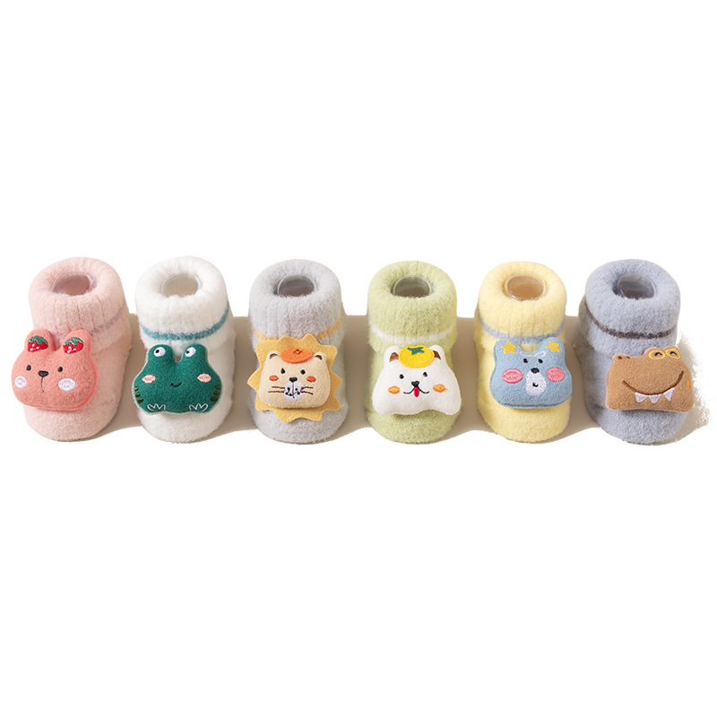 婴儿公仔袜秋冬加绒宝宝地板袜防滑卡通男女新生儿袜子批发加厚白底实物图