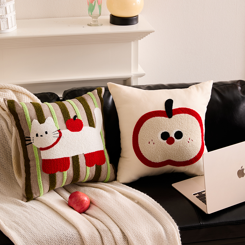 Cartoon dopamine throw pillow, Apple living room sofa cushion, square headrest, cute core-filled pillow cover