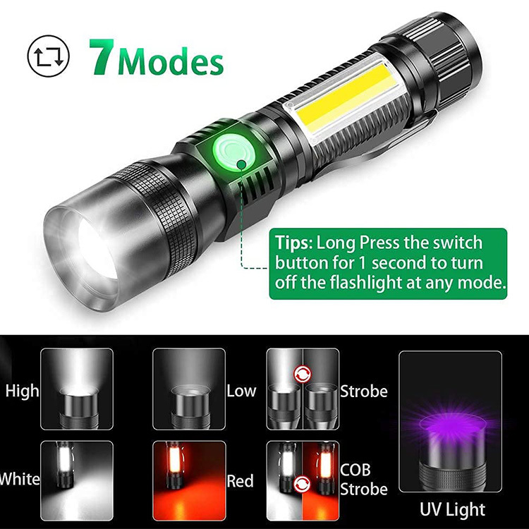 USB charging fluorescent agent detection flashlight, red light, white light, purple light, COB strong light focusing flashlight, 7 functional magnets details Picture