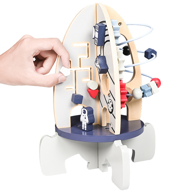 Cross-border children's wooden space rocket beaded wooden baby Montessori multi-functional educational toys for early learning Specification image
