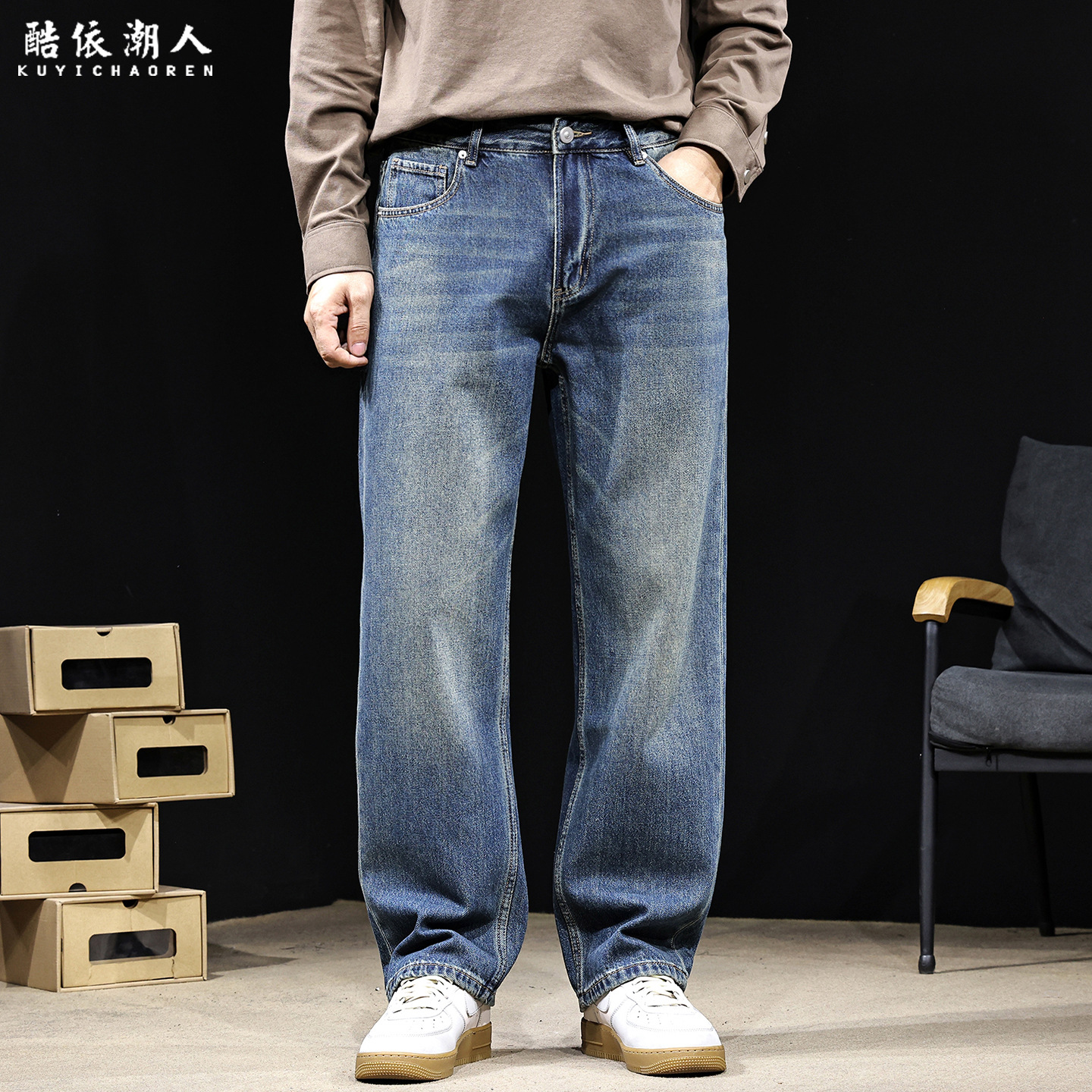 2025 New American-style minimalist jeans for men's autumn and winter, a trendy brand of casual, loose and large-sized high-end pants Specification image