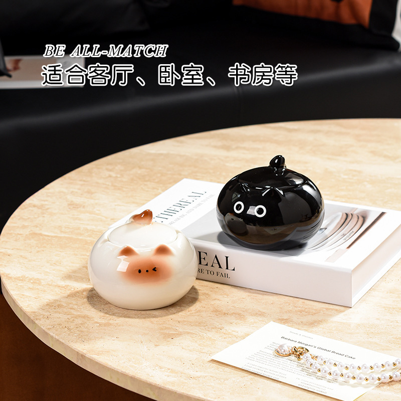 创意可爱暹罗猫陶瓷烟灰缸客厅办公室桌面防飞灰带盖烟缸装饰摆件详情图2