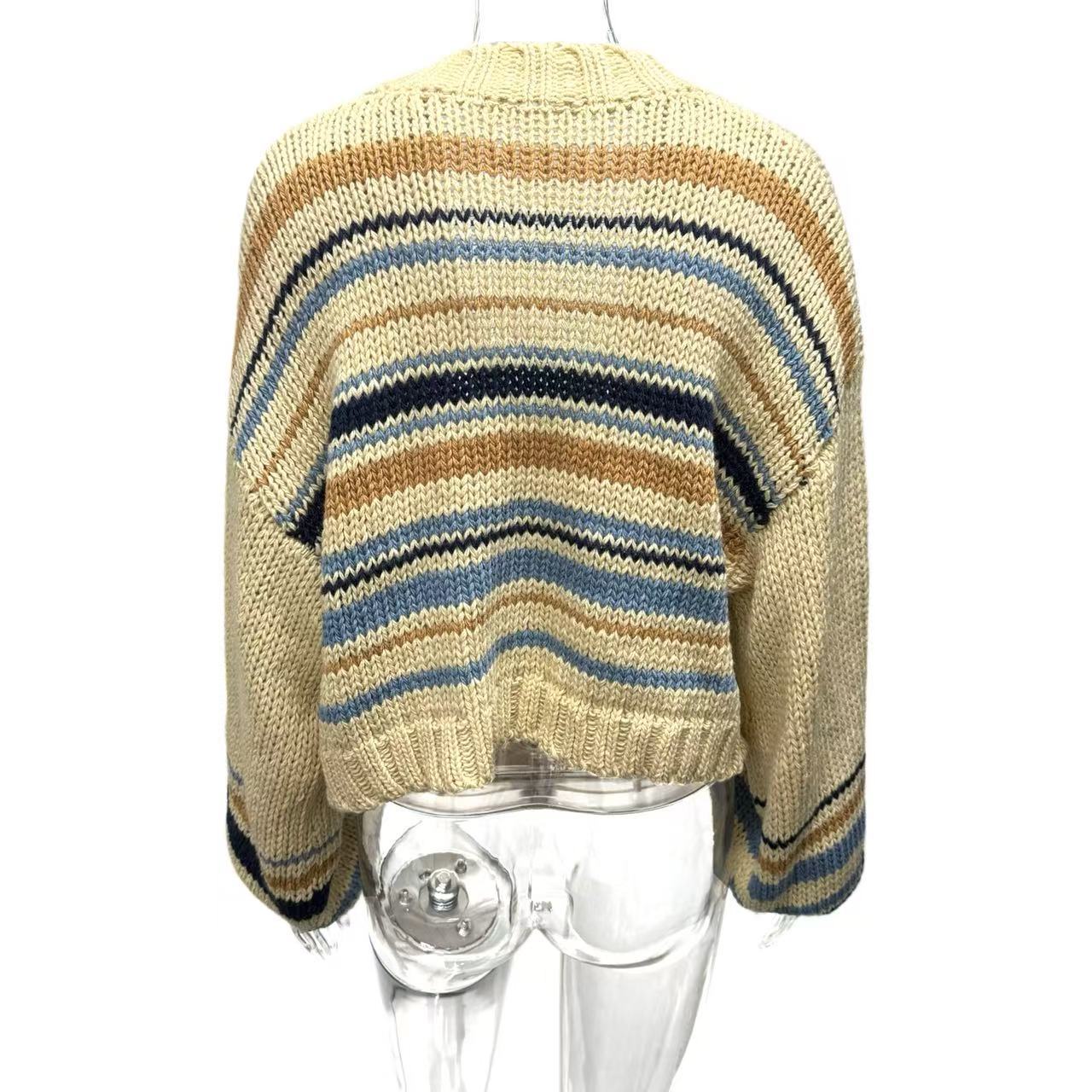 Cross-border Europe and America 2025 Early Autumn new women's clothing laid-back V-neck contrasting color loose knitted cardigan sweater coat details Picture