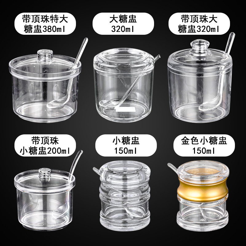 Acrylic seasoning jar with spoon, household kitchenware, chili jar, transparent visible sugar bowl, restaurant condiment and seasoning bottle details Picture