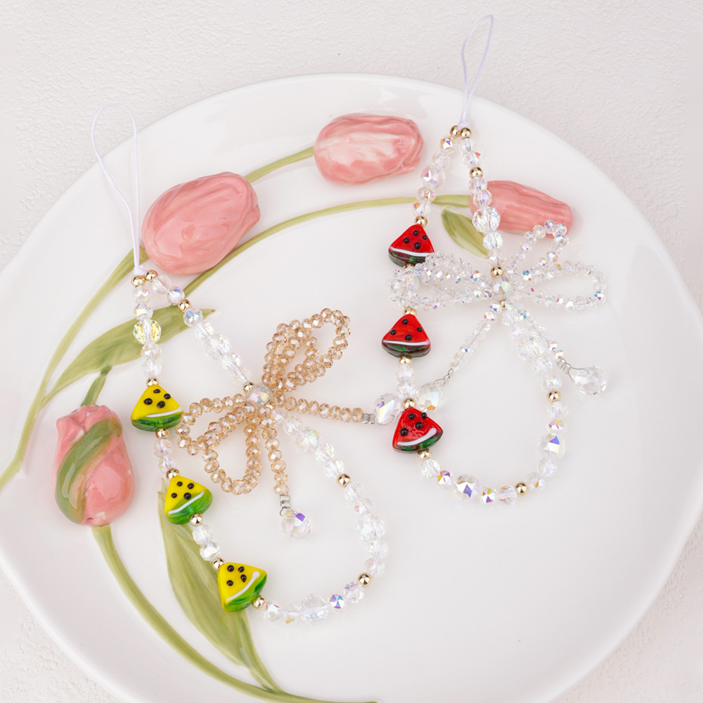New cute glass strawberry watermelon phone chain, pink bow, beaded phone case, pendant, lanyard and pendant Item Picture