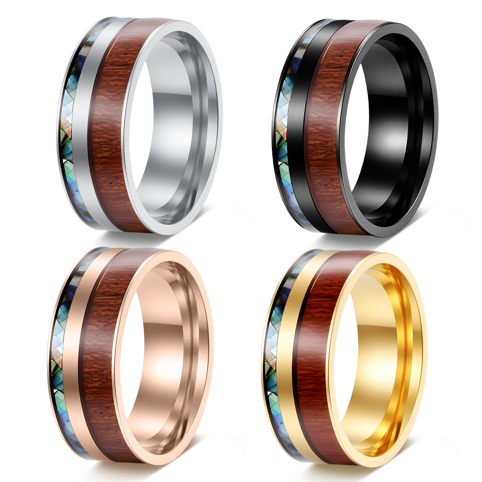 Cross-border best-selling 9MM wide acacia wood and abalone shell men's titanium steel ring, standard US size jewelry wholesale