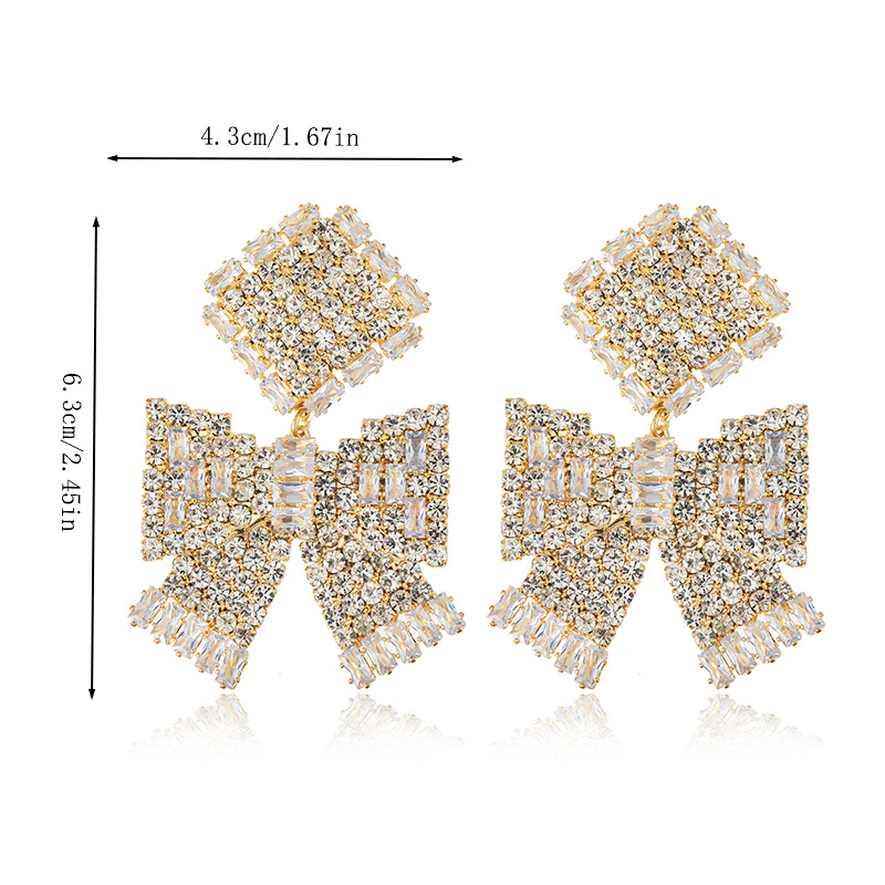 Cross-border fashion bow rhinestone Earrings, women 's European and American personality style zircon earrings, women' s accessories and ornaments Earrings Specification drawing