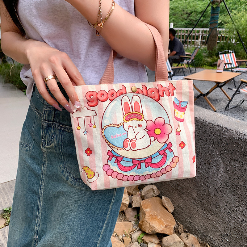 Cross-Border Cartoon Small Canvas Bag, Women's Tote Bag, Office Worker Portable Storage Bag, Small Hand-Held Bento Bag, Handbag Canvas Bag, Women's Bag, Shoulder Bag, Handbag Storage Bag, Handbag Simple Canvas Bag Specification drawing