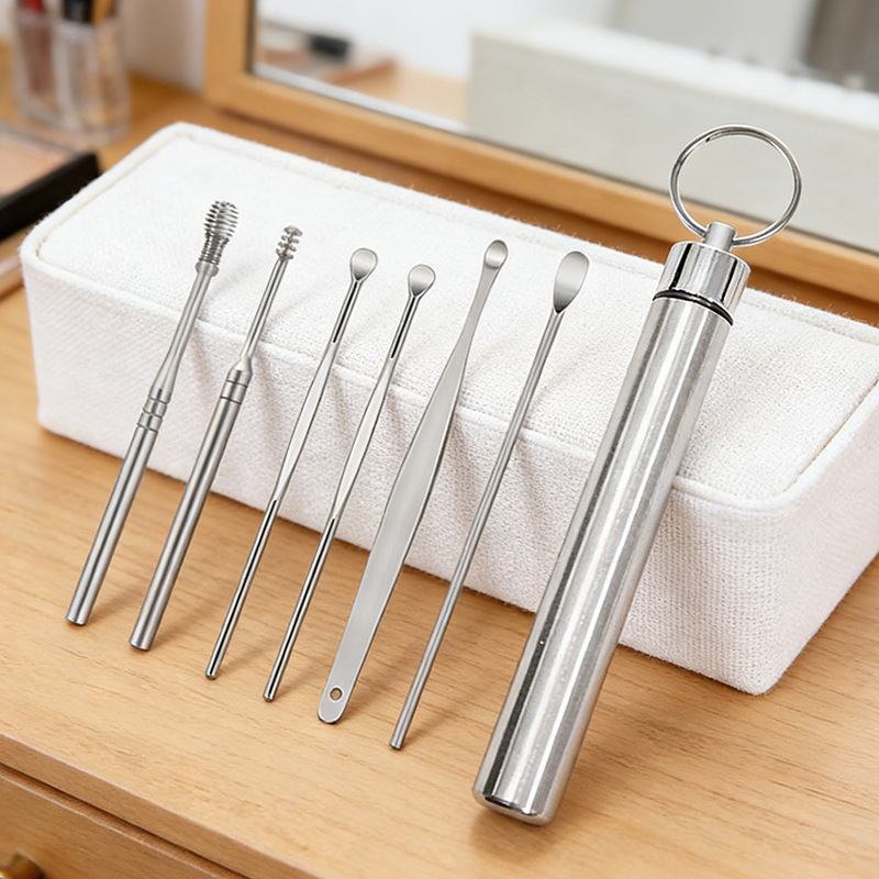 6-piece set of cross-border stainless steel ear picks, silver metal spiral ear picks, portable keychain ear picks