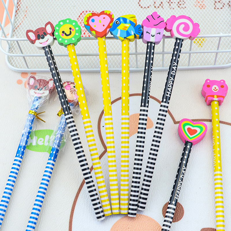 Creative children's pencils come with cute erasers, high appearance level, solid wood pencils, student stationery gifts, HB pencils, cartoon details Picture