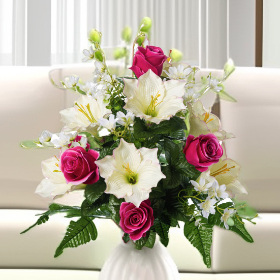 外贸跨境货源24头大把束仿真花玫瑰百合假花花束仿真花装饰摆件产品图