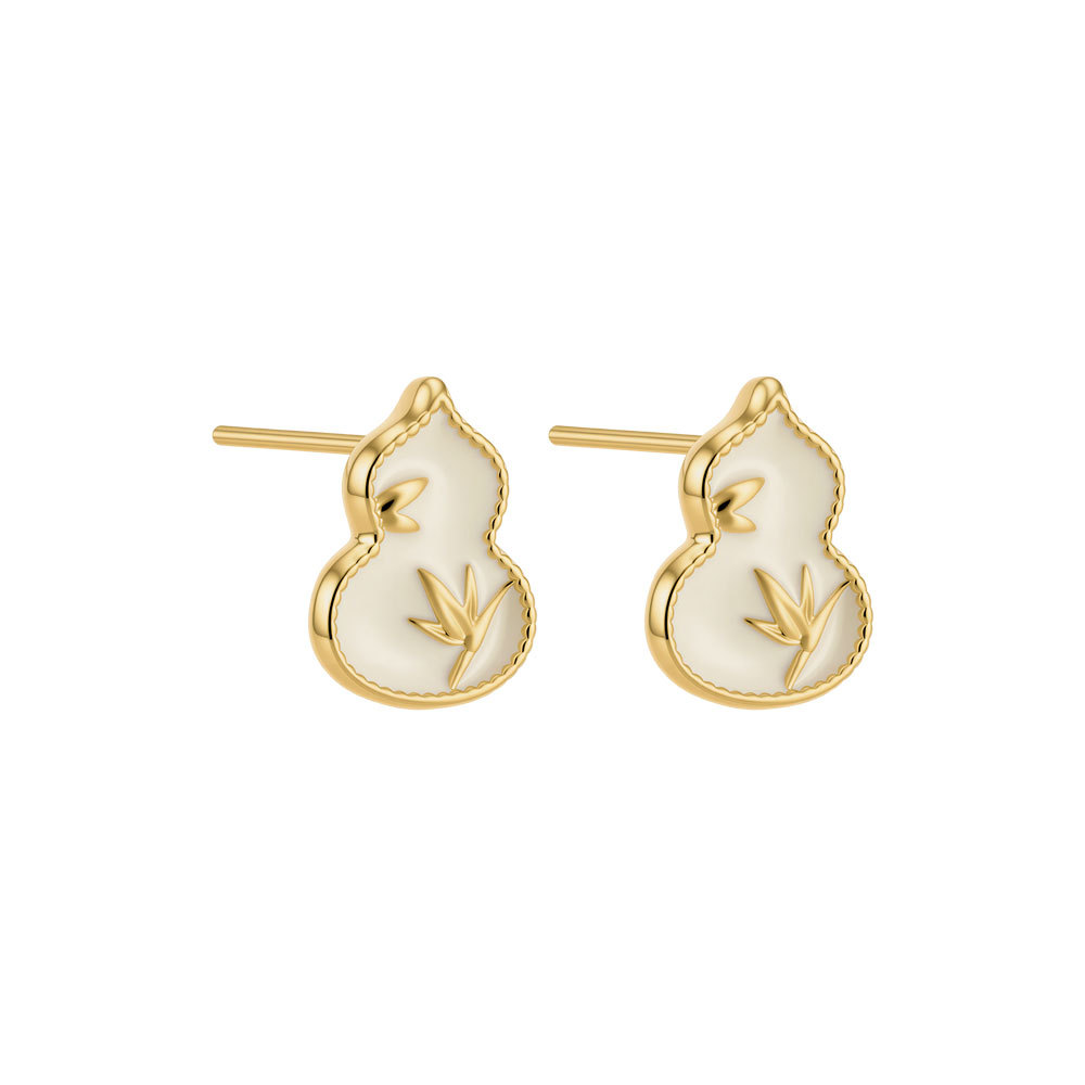 Fábrica de suministro directo nueva calabaza China bambú hoja goteo aceite earras esmalte de dos colores guozao vintage estilo s925 plata aguja para las mujeres orejeras Item Picture