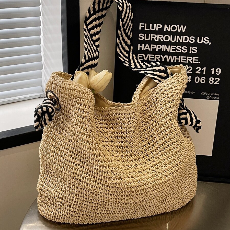 Cross-Border Straw Weaving Bag, Large-Capacity Straw Weaving Bag, Women's Spring And Summer New Style Seaside Vacation Woven Beach Bag, Commuting Single-Shoulder Tote Bag, Handcrafted Straw Weaving Bag details Picture