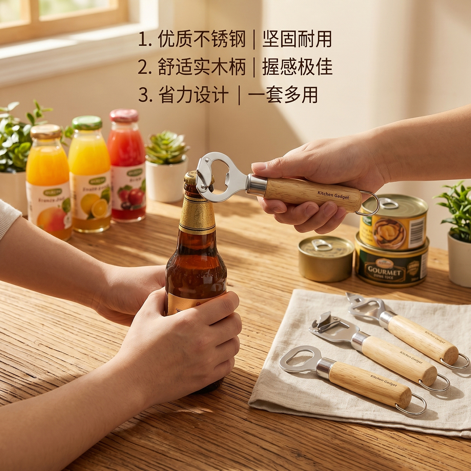 木柄开罐器手动多功能强力罐头刀厨房启盖开罐头工具啤酒开瓶器 details Picture