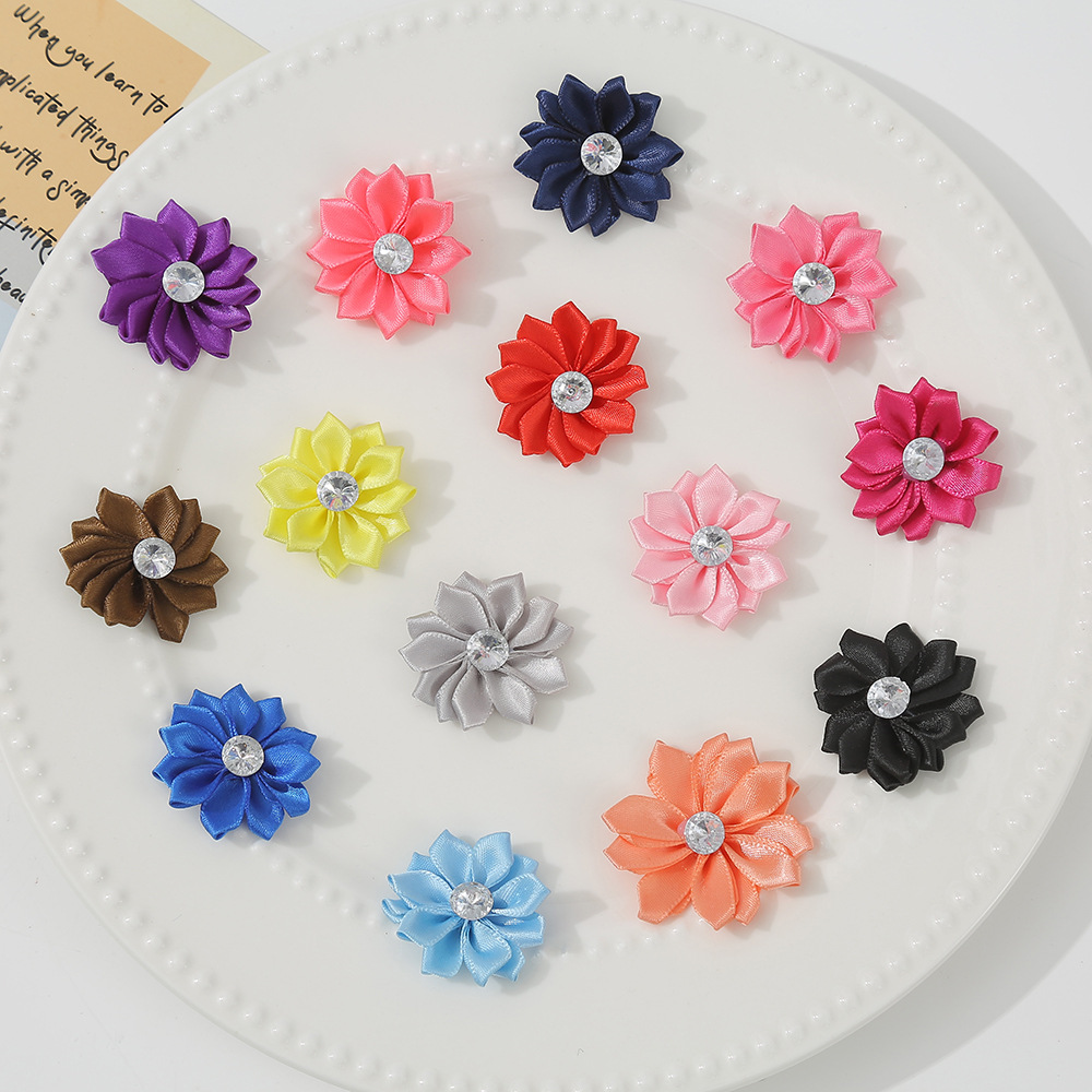 手工织带12瓣花朵辅料diy儿童发饰发夹配件加钻胸花服装辅料批发