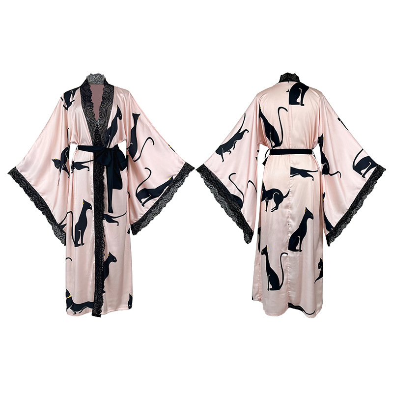 Feiyun retro leopard print lace patchwork sexy long bathrobe Pink silk lace-up Home gown 943 Item Picture