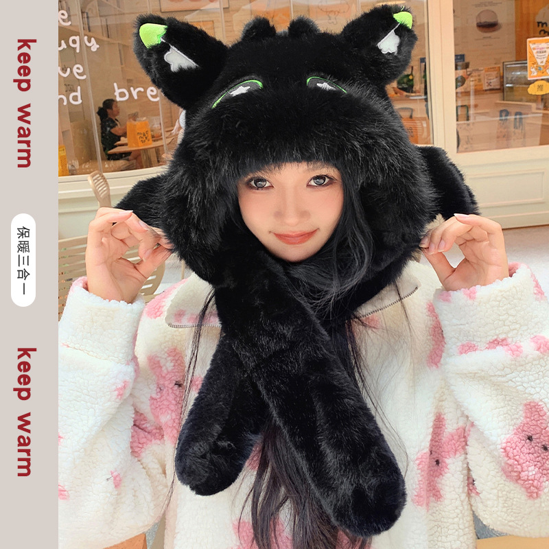 Winter plush dragon hat, women's ear protection, warm and cute three-in-one scarf and hat set, cartoon and anime style