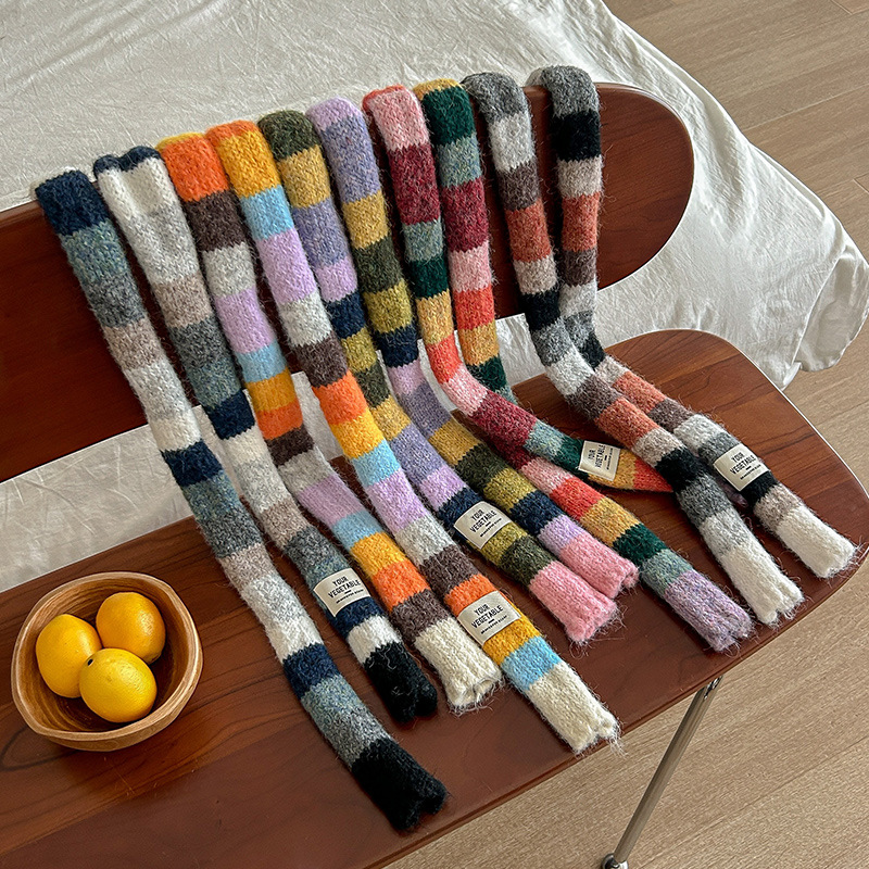 Dopamine pure color-blocked striped autumn and winter long strip small scarf for women, Korean style Instagram atmosphere, versatile neck brace Specification image