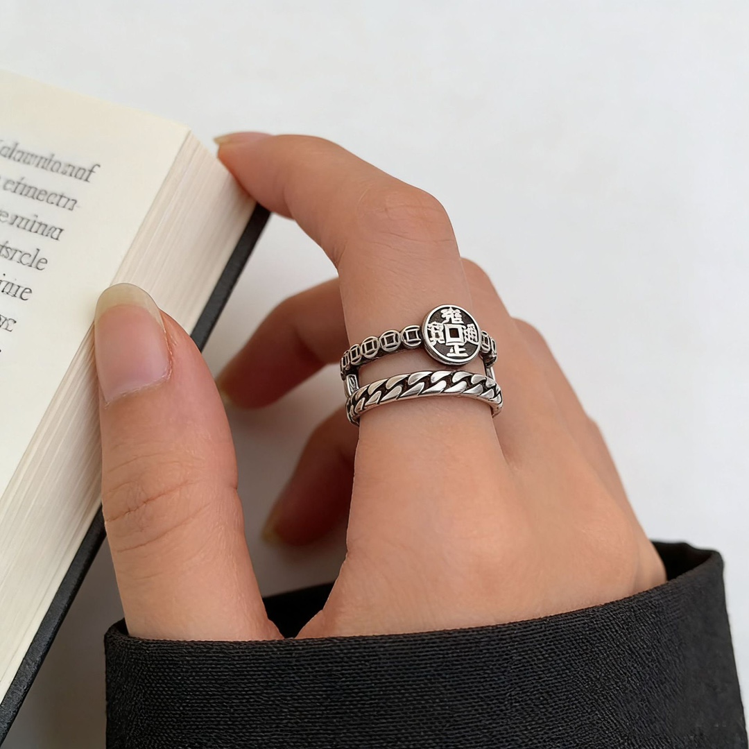 This is a niche design 12.20 national trend copper coin ring. It is made entirely of S925 sterling silver, with a retro and aged wide version. It is a unique and stylish open ring for women Application Scenario