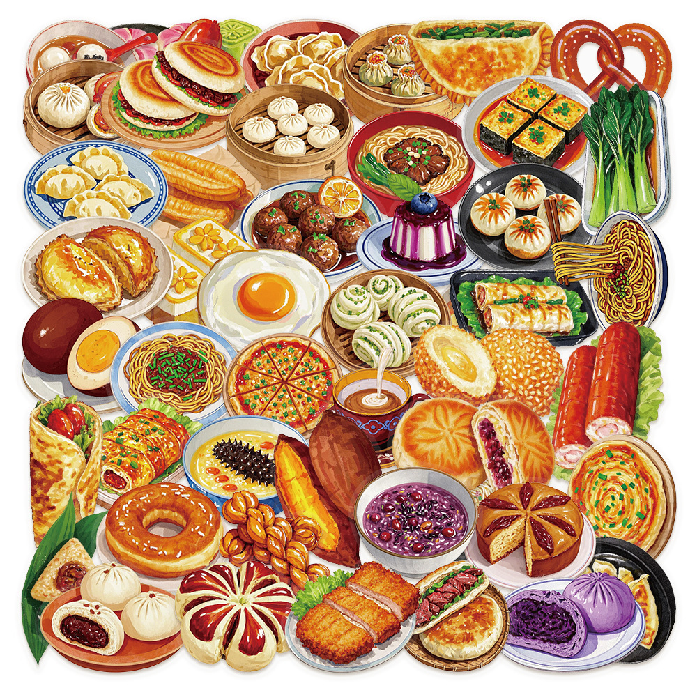 50 Chinese-style breakfast stickers made of pet material for thermos cups, mobile phones, diaries and tablet computers