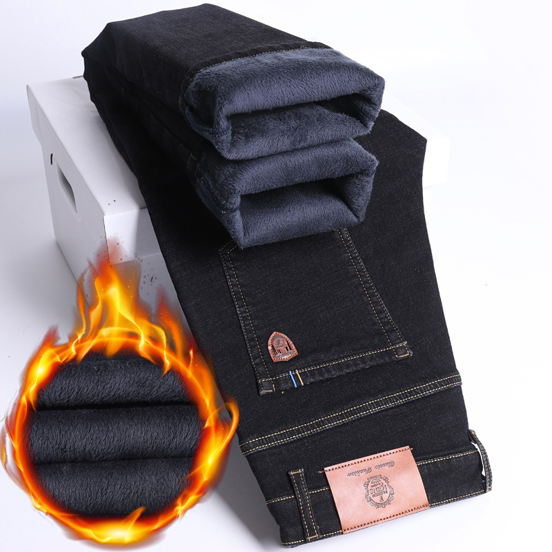 Autumn and winter fleece jeans for men, loose straight-leg, business, casual and warm, thick men's trousers from Xintang for export wholesale