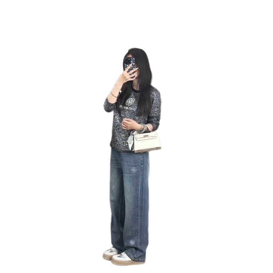 牛仔裤/带钻牛仔裤/牛仔裤阔腿/牛仔短裤女/阔腿裤白底实物图