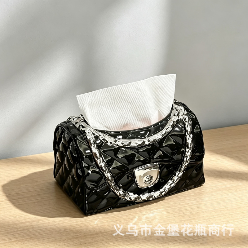轻奢小香风菱格包包纸巾盒 电镀链条陶瓷抽纸盒客厅茶几装饰批发