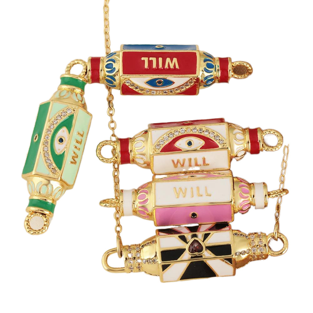 Cross-border 18K gold-plated zircon hexagonal oil-dripping Devil's Eye letter pendant bracelet necklace diy accessory Item Picture