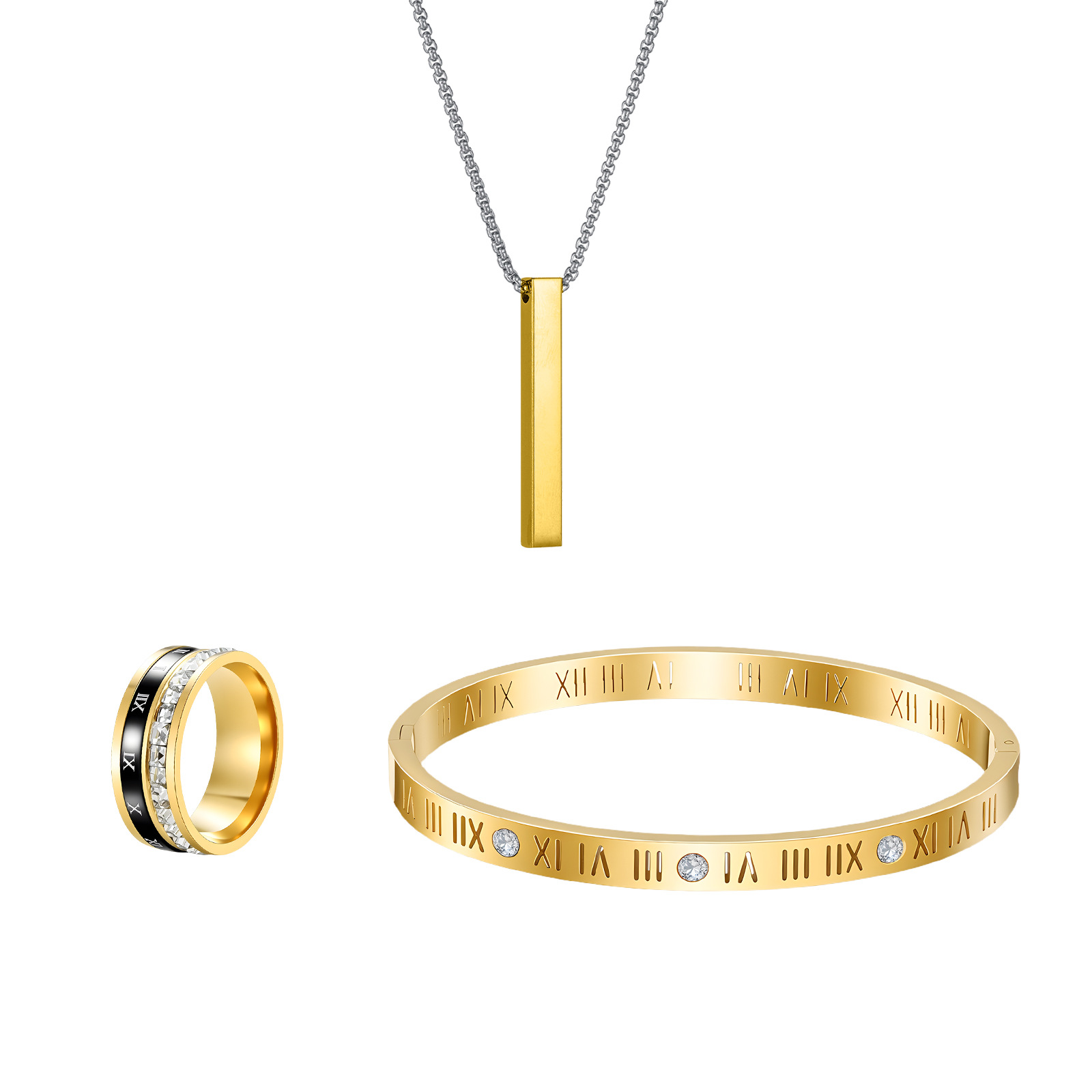 Three pieces of fashionable stainless steel rings, bracelets and necklaces with Roman numerals for cross-border European and American women Item Picture