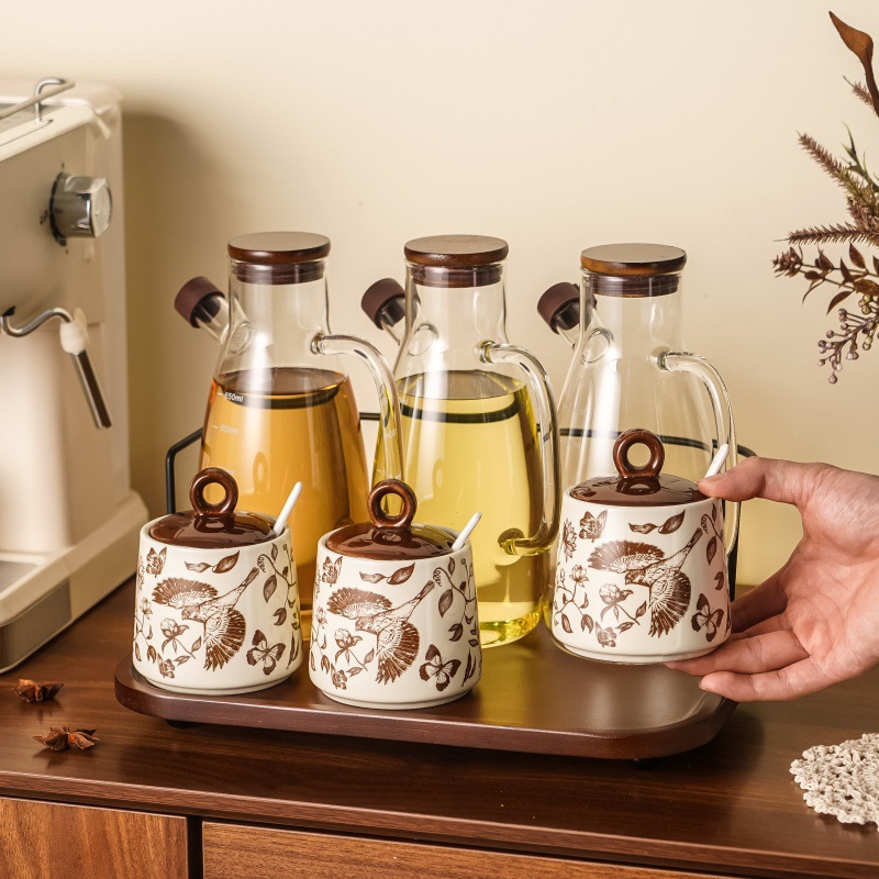 ins Seasoning Bottle, seasoning box, glass oil pot, household kitchen ceramic seasoning jar with lid, soy sauce bottle combination set details Picture