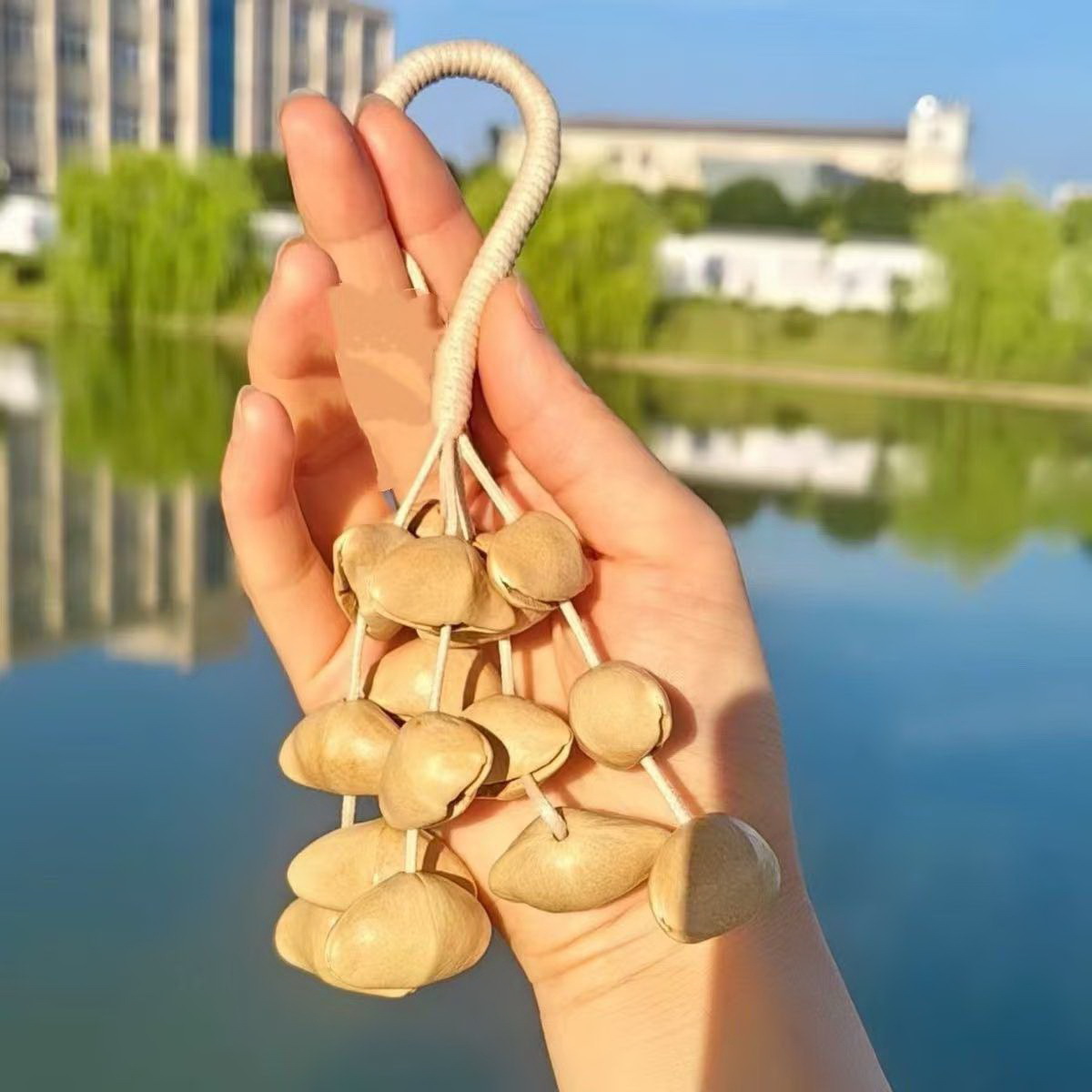 Fruit shell bell, hand-cranked bell, wind chime bag, handcrafted sound beam, bell pendant, wholesale from Indonesian black fruit shell factory Item Picture