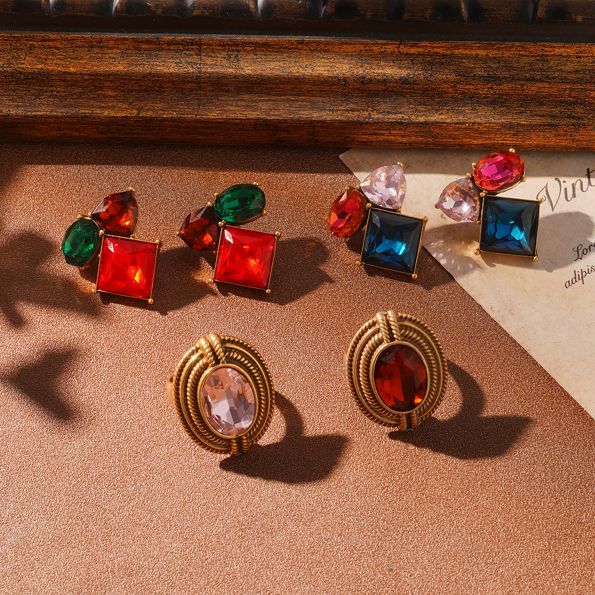 欧美中古风菱形耳钉法式轻奢椭圆戒高级感耳环新款小众设计感耳饰