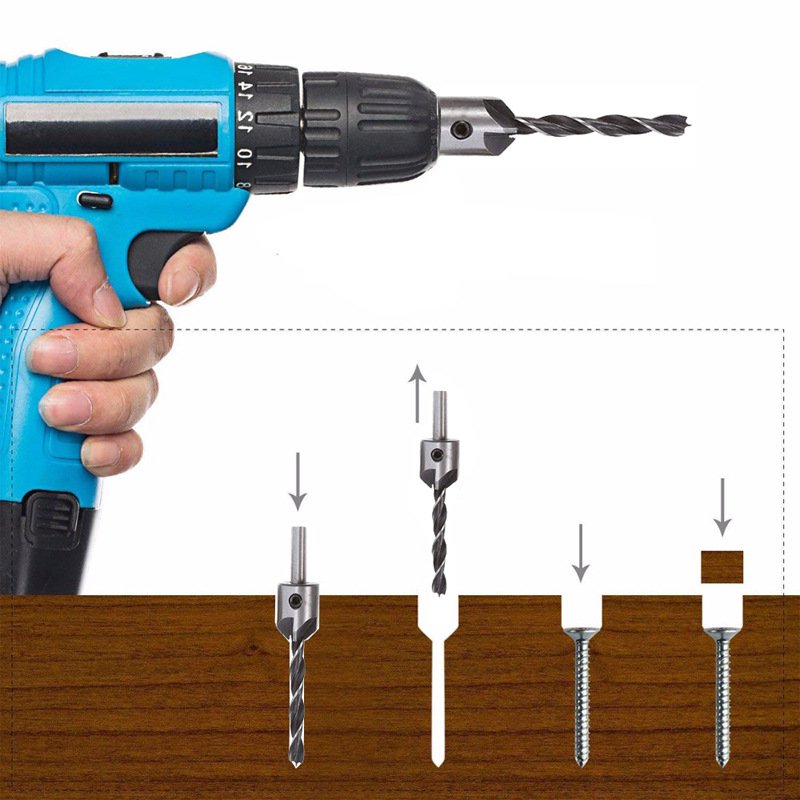 Three-pointed woodworking countersunk drill 3-10mm positioning chamfer integrated drilling guide drill set for wood countersunk drill Application Scenario
