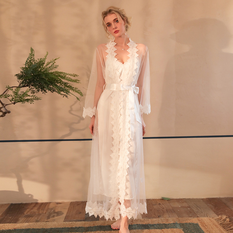 Elegant Halter nightgown and bathrobe two-piece set, water-soluble floral mesh lace patchwork long home wear 538